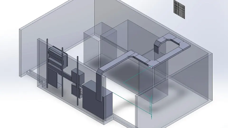 Diseño en 3D — Modelado del cuarto técnico antes de construir — Metalworks Energy